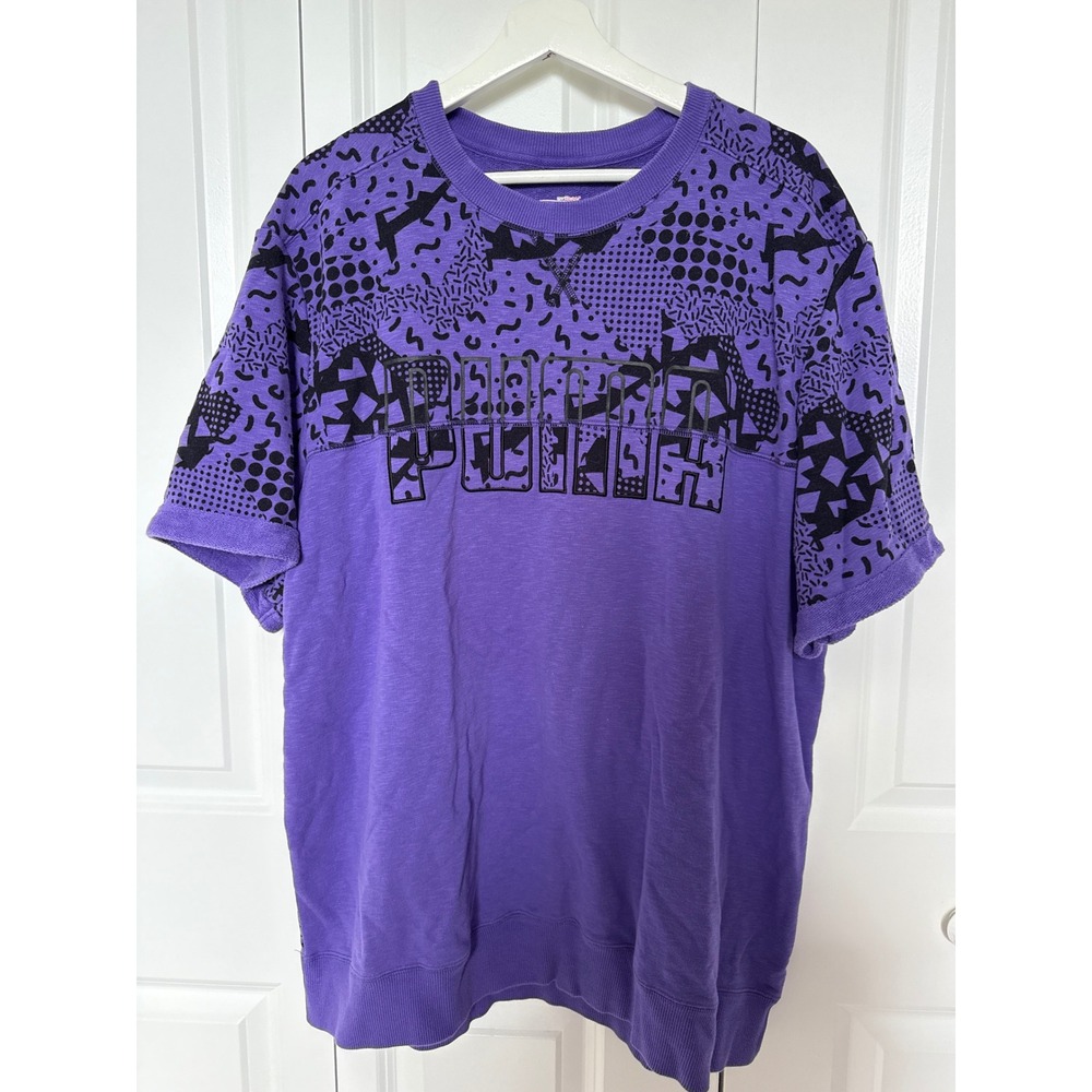 Vintage Puma Sportlifestyle Purple Geometric Print‎ Short Sleeve Sweatshirt XXL